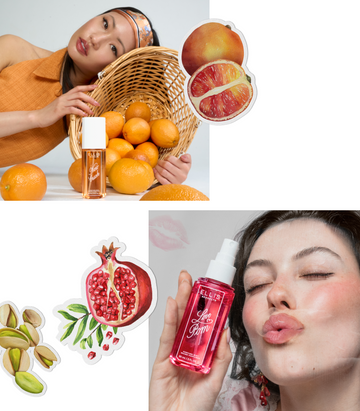 Collage of a woman wearing an orange headband and tank top leaning against a basket filled with oranges behind a bottle of NEW CRUSH Perfume Mist 90ml overlaid with a drawn image of a blood orange with a white outline, a woman with brown hair making a kissing face and holding a bottle of LOVE POM Perfume Mist 90ml without cap and drawn images of a sliced pomegranate and pistachios