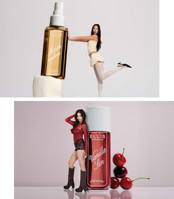 Collage of model with brown hair in yellow tank and skirt, white tights, and black heels faces to the side, stands on one leg and holds up with her arms a life size bottle of MARSHMALLOWS Perfume Mist without a cap on top of a marshmallow on a gray background and model with brown hair in a red long sleeve shirt, black sequined shorts, and maroon boots faces to the side with her hand on her head and leans against a life size bottle of VANILLA SIN Perfume Mist next to a pile of cherries on a gray background