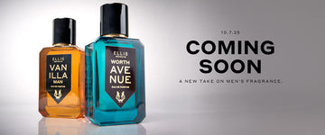 Vanilla Man 50ml Eau De Parfum and Worth Avenue 50ml Eau De Parfum on grey background next to black text that reads "10.7.25 Coming Soon A New Take On Men's Fragrance."