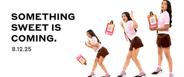 Three images of model with black hair wearing pink and white short sleeve sweater, brown skirt, gold belt, pink socks, and brown shoes holding large bottle of Queens Caramel Eau De Parfum without cap, model acting surprised as bottle falls, and model looking cornered as bottle nears ground, on white background with black text that reads 