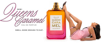 Model with black hair wearing black and pink dress, garder around leg, and brown shoes laying on back resting legs on large bottle of Queens Caramel 50ml Eau De Parfum next to text that reads "New! Queens Caramel Eau De Parufm Smell Good Enough To Eat." on white background.