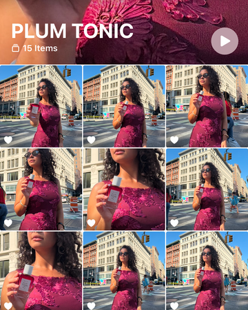 Collage of photos of a woman with curly brown hair standing on a city street wearing a plum-toned dress and holding PLUM TONIC Eau de Parfum 50ml. A large close-up at the top shows the fabric color and is labeled 'PLUM TONIC' with '15 Items' in white text and a play icon.