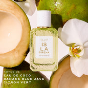 Bouteille d'Eau de Parfum ISLA SIRENA 50 mL, entourée de moitiés de noix de coco fraîche et d'une fleur d'orchidée blanche sur un fond blanc avec le texte : 