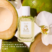 ISLA SIRENA 50mL Eau de Parfum bottle, surrounded by fresh coconut halves and a white orchid flower on a white background with text that reads 