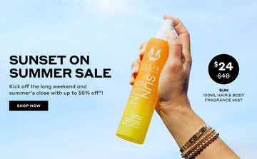 Model with nude nail polish wearing gold bracelets holding and spraying Sun 100ml Hair and Body Fragrance Mist in between black text that reads "Sunset on Summer Sale, kick off the long weekend and summer's close with up to 50% off*!" above black rectangle with white text that reads "Shop Now", and black circle with with white text that reads "$24" and "$48" with a strike through, above black text that reads "Sun 100ml Hair & Body Fragrance Mist", on blue background with clouds.