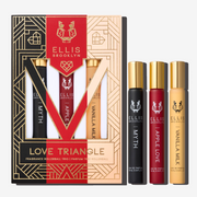 Boîte trio de roll-ons de parfum Black, red, beige et gold Love Triangle montrant le roll-on parfum Myth 10ml, le roll-on parfum Apple Love 10ml et le roll-on parfum Vanilla Milk 10ml, sur fond blanc.