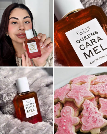 Collage of a woman with brown hair and a nose ring holding Queens Caramel Eau de Parfum 50ml in front of her face, a close up image of the Queens Caramel Eau de Parfum 50ml, Queens Caramel Eau de Parfum 50ml wrapped in a gray blanket, and cookies in the shapes of trees, stars, and gingerbread men with pink icing and sprinkles on a silver tray against a white background. 