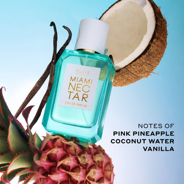 Miami Nectar 50ml Eau De Parfum with pink pineapple, vanilla beans, and coconut on light blue background with black text that reads "Notes of Pink Pineapple, Coconut Water, Vanilla".