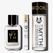 Myth 50ml Eau De Parfum, Myth 10ml Eau De Parfum Travel Spray, and Myth Spectacular Scented Body Oil 95ml on white background.
