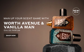 Vanilla Man 50ml Eau De Parfum with cap removed on top of Worth Avenue 50ml Eau De Pafum on top of dumbbell covered with water droplettes nex to white circle surroudnig white text that reads "New! Mens", on brown background with white text that reads "Man Up Your Scent Game with Worth Avenue and Vanilla Man Eau De Parfum" over black rectangle with white text that reads "Shop Now"