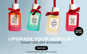 Queens Caramel 50ml, Miami Nectar 50ml, Vanilla Salt 50ml, and Guava Granita 50ml each tied near nozzle with red bow and hanging next to black circle with white text that reads "Code: BFCM" on blue background with white text that reads "Upgrade your wishlist", black text that reads "Enjoy 25% off sitewide", black oval with white text that reads "Shop Now", and black text that reads "*Complimentary gift with purchase"