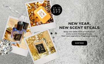 Silver banner with silver ribbon, a silver ornament and polaroids of Sci Fi Eau de Parfum in front of mirror with gold ribbon and a wooden floor, Bee Eau de Parfum on gold confetti, and Myth Eau de Parfum on a gold background with gold confetti and black text that reads "New Year, New Scent Steals. Step into 2026 with a fresh start and a scent that sparks joy. Your next signature fragrance awaits.", a black oval with "Shop Now" in white text, and a black circle with "Up to 50% Off" in white text.