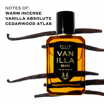 Vanilla Man 50ml Eau De Parfum in front of vanilla beans on white background with black text that reads "Notes of: Warm Incense, Vanilla Absolute, Cedarwood Atlas"