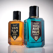 Vanilla Man 50ml Eau De Parfum behind Worth Avenue 50ml Eau De Parfum on white background.