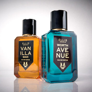 Vanilla Man 50ml Eau De Parfum behind Worth Avenue 50ml Eau De Parfum on white background.