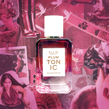 PLUM TONIC Eau de Parfum 50ml on collage of woman holding a purse, birds, pink boots, film strips, two women wearing leather coats, polaroid of woman walking into an SUV, coupe glass, hand with red manicure, woman holding wine glass, sidewalk that has lip mark grafitti, and woman holding PLUM TONIC Eau de Parfum 50ml