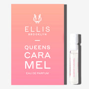 Queens Caramel 1.5ml Eau De Parfum Vial next to pink and orange ombre Queens Caramel Eau De Parfum vial holder card.