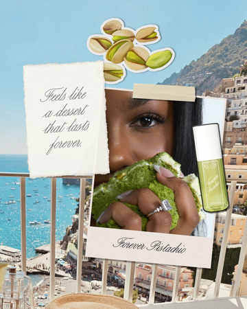 Polaroid with black text that reads "Forever Pistachio" of woman with black hair wearing a diamond ring and holding green cake with white icing overlaid with FOREVER PISTACHIO Perfume Mist 90ml, drawn pistachios with a white outline, and white paper with black text that reads Feels like a dessert that lasts forever." against a background of a coastal town on a mountain against a blue oceans