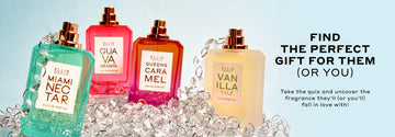 Miami Nectar 50ml Eau De Parfum without cap, Guava Granita 50ml Eau De Parfum without cap, Queens Caramel 50ml Eau De Parfum without cap, and Vanilla Salt 50ml Eau De Parfum without cap resting on piled of beaded chain against blue background with black text that reads "Find The Perfect Gift For Them (Or You) Take The Quiz And Uncover The Fragrance They'll (Or You'll) Fall In Love With!"