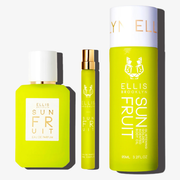 Sun Fruit 50ml Eau De Parfum, Sun Fruit 10ml Eau De Parfum Travel Spray, and Sun Fruit Golden Glistening Scented Body Oil 95ml on white background.