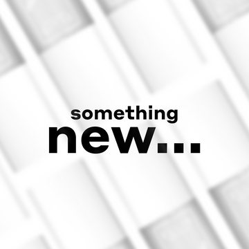 Black text reading "something new..." on a blurred, white, and gray background of bottles