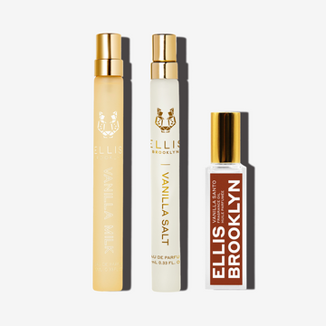 VANILLA MILK Eau de Parfum 10ml, VANILLA SALT Eau de Parfum 10ml, and VANILLA SANTO Fragrance Oil Rollerball on white background