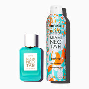 Amika x Ellis Brooklyn Miami Nectar Perk Up Dry Shampoo and Miami Nectar 50ml Eau De Parfum on white background.