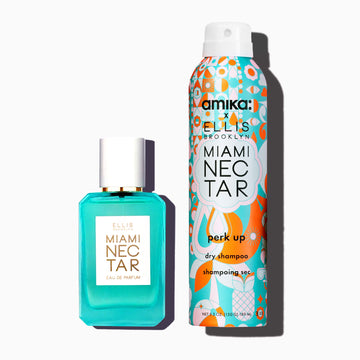 Amika x Ellis Brooklyn Miami Nectar Perk Up Dry Shampoo and Miami Nectar 50ml Eau De Parfum on white background.