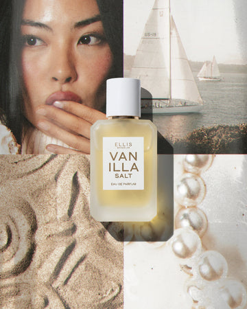 VANILLA SALT Eau de Parfum 50ml on collage of textured sand, pearls on a white background, white sailboats on water, and a woman with black hair wearing a white turtleneck with her fingers on her lips