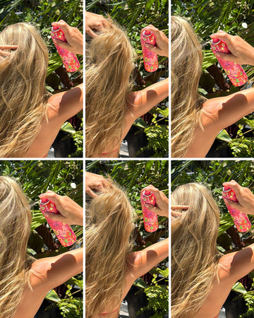 Collage of woman with blonde hair wearing a pink bikini spraying Amika x Ellis Brooklyn GUAVA GRANITA Perk Up Dry Shampoo into her hair against a background of green leaves