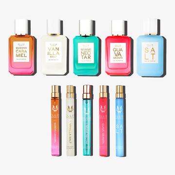 Queens Caramel 50ml Eau De Parfum, Vanilla Salt 50ml Eau De Parfum, Miami Nectar 50ml Eau De Parfum, Guava Granita 50ml Eau De Parfum, Salt 50ml Eau De Parfum, Queens Caramel 10ml Eau De Parfum Travel Spray, Vanilla Salt 10ml Eau De Parfum Travel Spray, Miami Nectar 10ml Eau De Parfum Travel Spray, Guava Granita 10ml Eau De Parfum Travel Spray and Salt 10ml Eau De Parfum Travel Spray on white background.