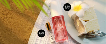 MISS STRAWBERRY Perfume Mist 90ml and MYTH Eau de Parfum 5ml Rollerball next to a white plate and silver fork with vanilla cake and white icing and a white and yellow flower on white textured blanket next to tan sand with green palm leaves in the corner and black circles with white text that read "£20 value" and "£28 value"