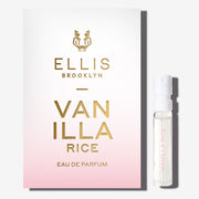 VANILLA RICE 1.5ml Eau De Parfum Vial next to white and pink ombre VANILLA RICE Eau De Parfum vial holder card.