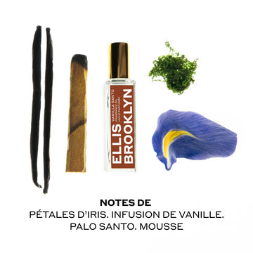 Huile parfumée Vanilla Santo 15 ml avec des gousses de vanille, du palo santo, des pétales d'iris et de la mousse sur fond blanc au-dessus d'un texte noir qui dit 