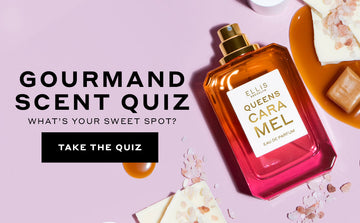Queens Caramel 50ml Eau De Parfum without cap surrounded by melted caramel, white chocolate, and pink salt on pink background with black text that reads  "Gourmand Scent Quiz What's Your Sweet Spot?" above black rectlangle with white text that reads "Take The Quiz"