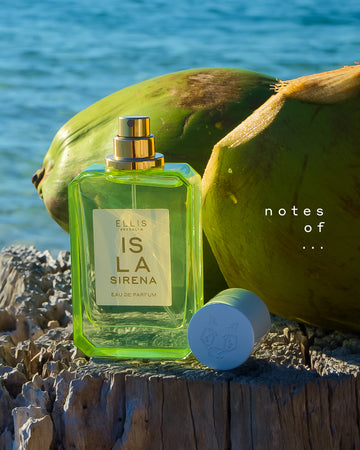 ISLA SIRENA Eau de Parfum 50ml without a cap sits on wood next to it's cap and two green coconuts with blue ocean water in the background
