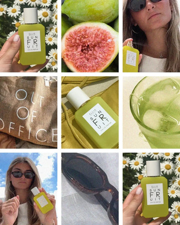 Image collage of Sun Fruit 50ml Eau De Parfum against flowers, sliced figs, model with brown hair wearing sunglasses and white shirt spraying Sun Fruit 50ml Eau De Parfum, brown bag with white text that reads 