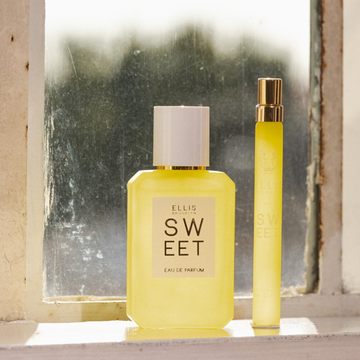 IMAGE 4: SWEET 50ml BOTTLE and travel SPRAY in window 