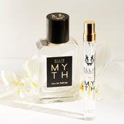IMAGE 3: MYTH 50ML BOTTLE AND TRAVEL SPRAY WITH FLOWERS