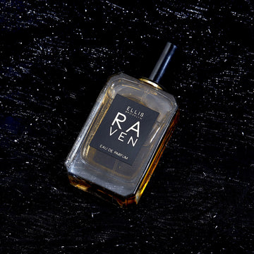 Raven 50ml Eau De Parfum on black glittery fabric.