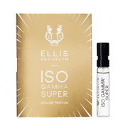 Iso Gamma Super 1.5ml Eau De Parfum Vial next to gold and white Iso Gamma Super Eau De Parfum vial holder card.