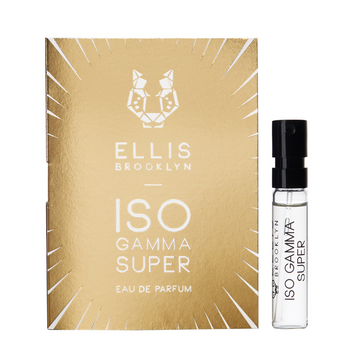 Iso Gamma Super 1.5ml Eau De Parfum Vial next to gold and white Iso Gamma Super Eau De Parfum vial holder card.